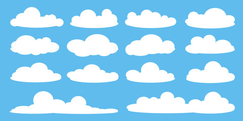 set of vector illustrations of clumpy clouds, cloud bubbles in flat style on a blue background