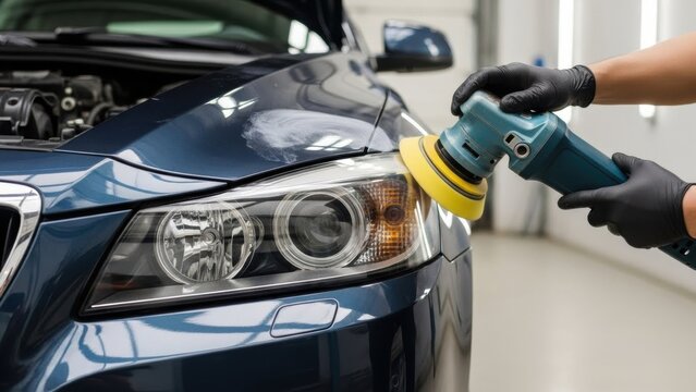 Gloved man hand using a polisher on a car headlight and car body. Car detailing for auto cleaning and maintenance. Auto service.
