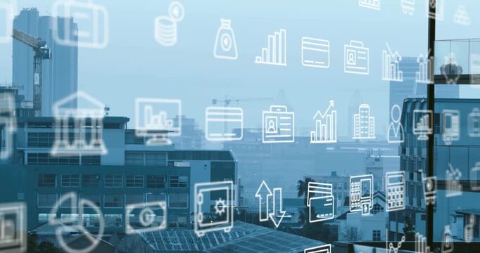 On start white finance icon grid sliding right, down, shifting opacity to show market trends