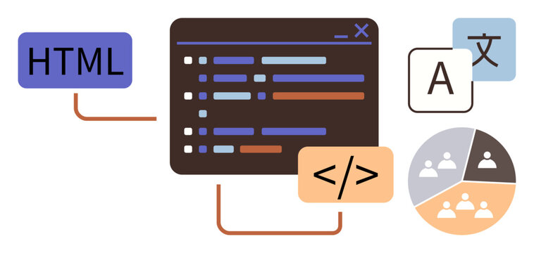 Code editor window with HTML, tags, multilingual elements, and team connections. Ideal for programming, language translation, teamwork, software development, web design coding education and flat