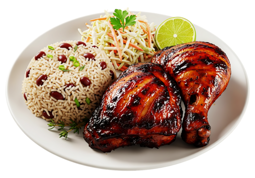 Delicious grilled chicken drumsticks served with savory rice and beans, fresh coleslaw, and a zesty lime wedge, isolated on transparent background - Powered by Adobe