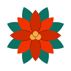 Christmas poinsettia flower. Festive floral bouquet with green leaves, decorative plant for winter holiday celebration, New Year floral wreath for home decor. Vector illustration