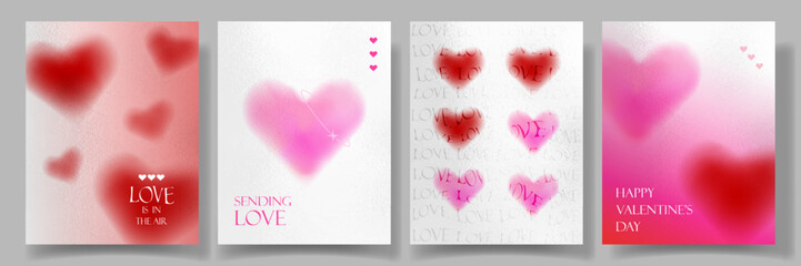 A set of Valentine's cards with blurred red and pink hearts under a textured glass background. Trendy y2k girly blurred gradient hearts. Poster, social media, stylish romantic background.