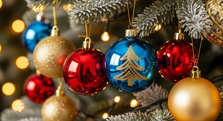 Close-up of festive Christmas tree ornaments, a warm bokeh background, and evergreen branches adorned with faux snow