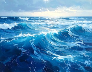 Dynamic ocean waves, painted in shades of deep blues and whites, with cloudy skies above