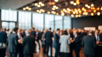 Blurred image of a professional business event with attendees networking