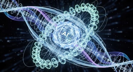 Abstract A I core with glowing D N A helix and energy particles artificial intelligence technology