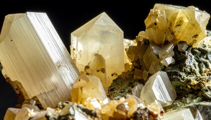 Close-up of translucent, geometric crystals clustered on a rocky base against a dark background, lit to showcase texture