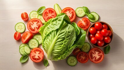 Still life of romaine lettuce tomatoes and sliced cucumbers