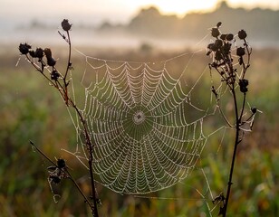 Dew-kissed spiderweb spun between dried flower stalks in a hazy field, glowing softly in the morning light