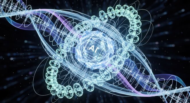 Abstract A I core with glowing D N A helix and energy particles artificial intelligence technology