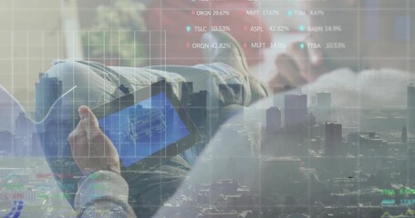 Man reclining on couch tilting tablet, swiping 3D model, animating market skyline charts for review - Powered by Adobe