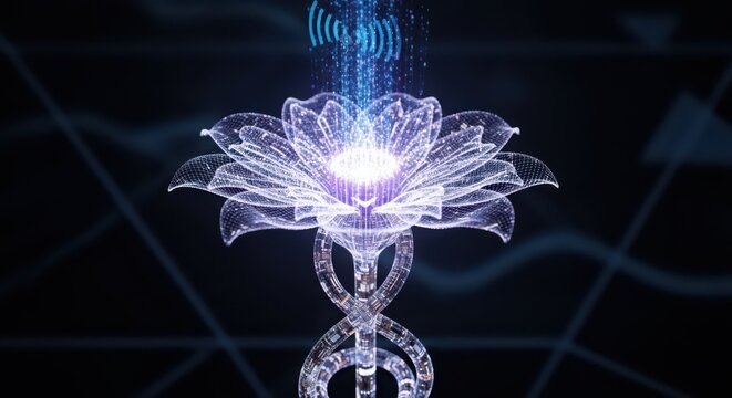 Glowing digital lotus flower with D N A stem and wifi signal wireframe technology