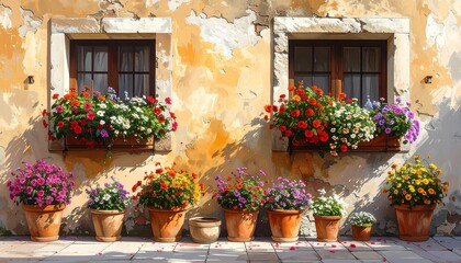 Colorful flowers bloom near windows in terra cotta pots against an aged, yellow building wall in the sunlight