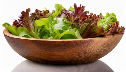 Fresh Green And Red Leaf Lettuce Mix In A Wooden Bowl Isolated On Transparent Background