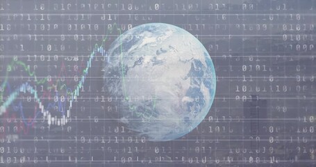 Earth globe centering, binary digits scrolling, starting charts drawing from left, showing markets - Powered by Adobe