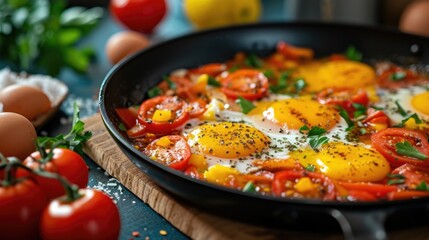 A close-up view of a black cast iron skillet on a wooden board, containing three sunny side up eggs amidst a mixture of sliced cherry tomatoes, garnished with chopped herbs, and seasoned with a