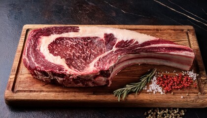 Dry Aged Marble Beef Steak Tomahawk On Wooden Board With Spices Close Up Juicy Delicious Ribeye Or Tomahawk Steak