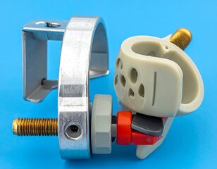 Close-up of two assembled metallic and plastic components with a screw thread, against a vivid blue background