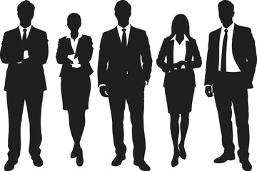Business silhouettes, corporate team, black and white, professional attire, standing pose, teamwork, suits and skirts, office style, formal group, unity