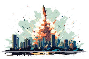 tactical ballistic missile hitting destroyed city isolated vector style with transparent background illustration