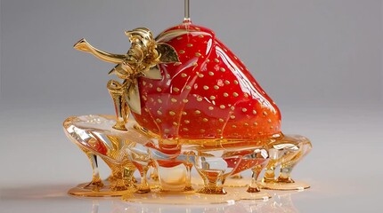 Decorative strawberry sculpture with gold accents and glass base showcasing intricate craftsmanship and artistic design
