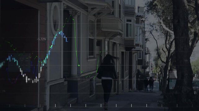 Woman walking uphill on sidewalk, chart overlay fading in to show finance trends for creators