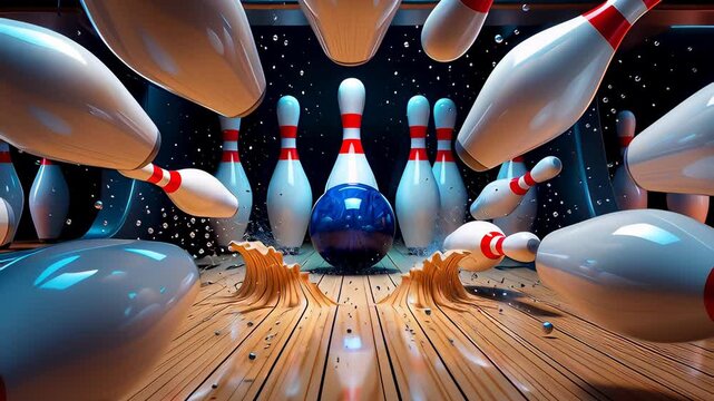 Cosmic bowling ball smashing into white pins for an explosive strike on a wooden lane in a cinematic 3D animation, symbolizing power and success.
