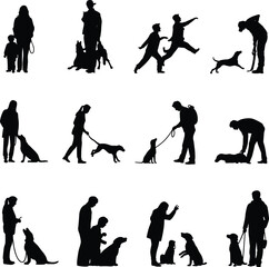 Dog interaction silhouette set, black and white, human pet bond, walking training playing, emotional gesture, companionship pose, outdoor scene