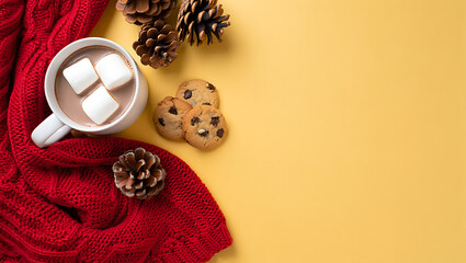 A cozy winter flat lay with a mug of hot chocolate, cookies, and pine cones on a warm yellow background.