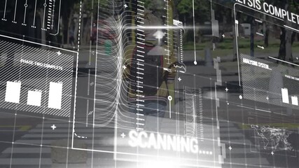 Male pedestrian stepping onto crosswalk, HUD scanning with charts and analyzing for traffic safety