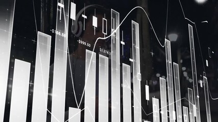 Analyst wearing headset tapping phone, causing financial charts animating across glass pane - Powered by Adobe