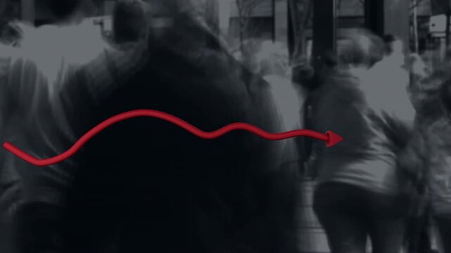 Red squiggle appearing, guiding central dark coat adult walking closer, arrow forming to show route