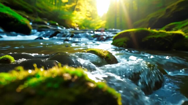 Sunlight filters through the dense forest canopy, illuminating a clear stream as it winds over smooth, moss-covered rocks. the tranquil setting vibrant greenery and gentle flow of water, creating a se