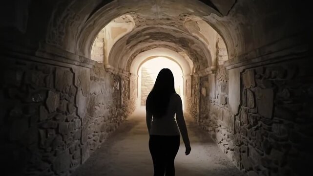 Woman walking through ancient stone tunnel towards light.