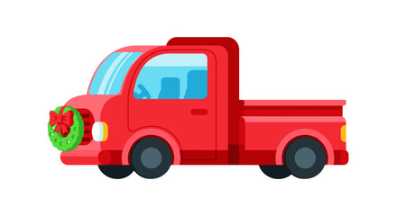 Red truck decorated with wreath for Christmas and New Year  