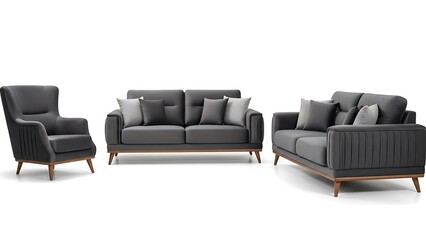 Modern dark grey sofa set and armchair isolated on white background