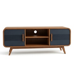 Modern wooden tv stand with dark blue doors isolated on white background