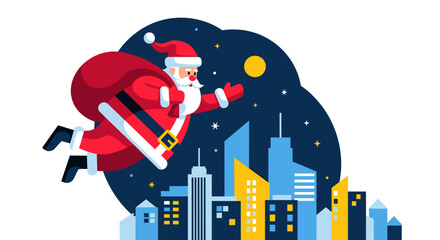 Santa Claus flying over city skyline at night with gift bag - Concept of Christmas and New Year  