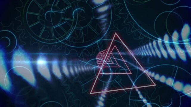 Glowing neon triangular frame opening, rotating and pulsing while shifting colors, guiding tunnel