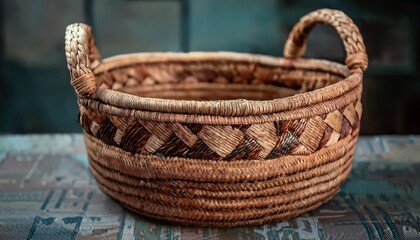 Decorative Woven Basket With Tribal Patterns In Earthy Colors