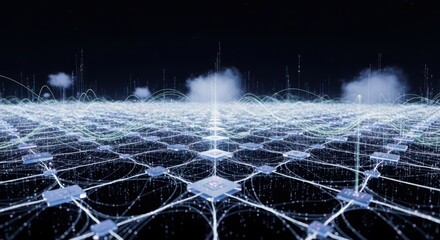 Digital network grid with glowing connections and data flow technology