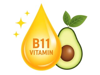 Vitamin b11 drop and avocado fruit isolated on white background