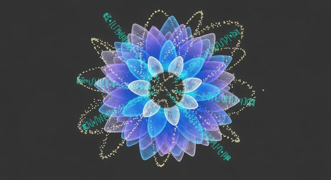 Glowing blue and purple lotus flower with abstract glowing symbols image