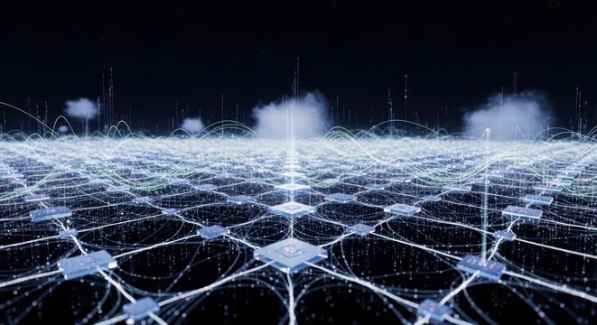 Digital network grid with glowing connections and data flow technology