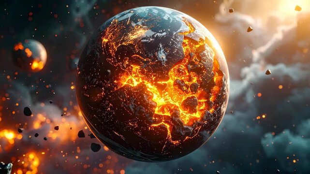 Molten Earth Destruction: Fiery Planet with Asteroids in Space Video