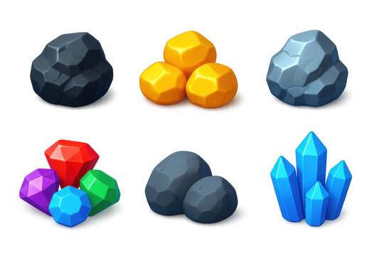 Vibrant Mineral Icons. 3D icon set of ore and minerals: coal, gold nuggets, silver ore, gemstones, rocks, crystal clusters. A set