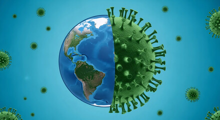 Half Earth Planet and Half Green Virus Cell 3D Illustration for Global Pandemic Concept