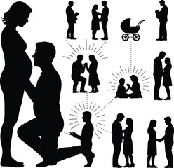 Relationship silhouette set, black and white, love journey, proposal pregnancy parenting, emotional bond, family growth, life stages, connection