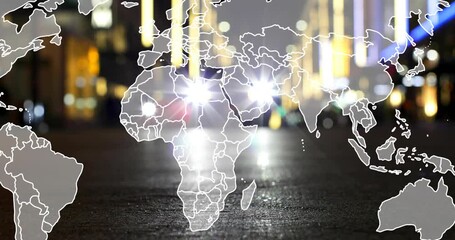 Headlights coming, white outlined world map overlay fading over road, aligning lights to show map - Powered by Adobe